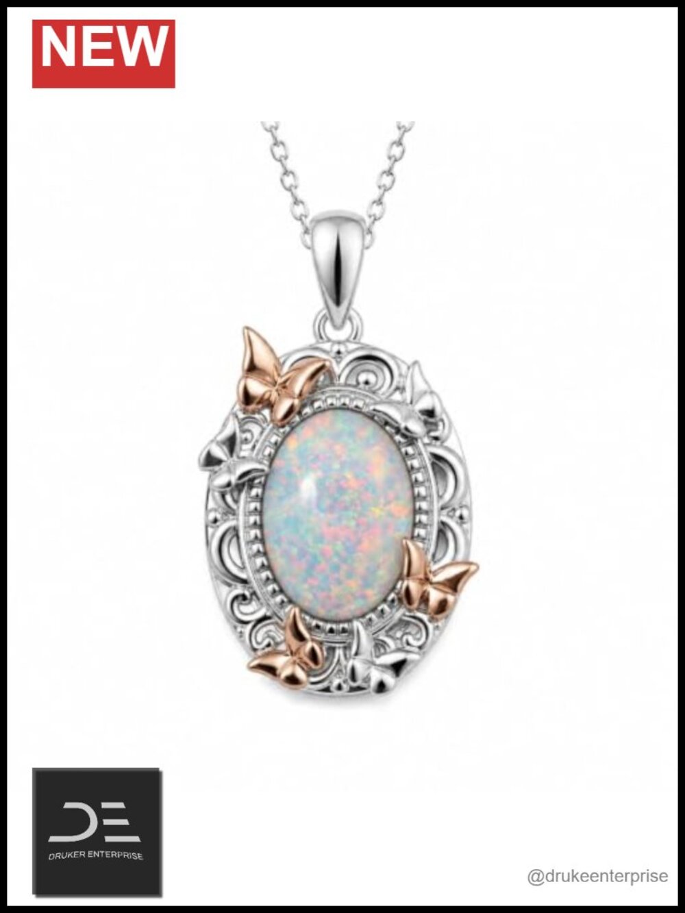 Butterfly Opal Pendant Necklace 925 Sterling Silver Adjustable Chain Gift Box